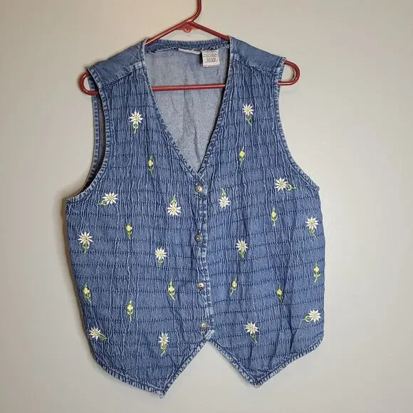 90s Bobbie Brooks Denim Floral Embroidered Vest Lagenlook Cottagecore Size L - Picture 12 of 12